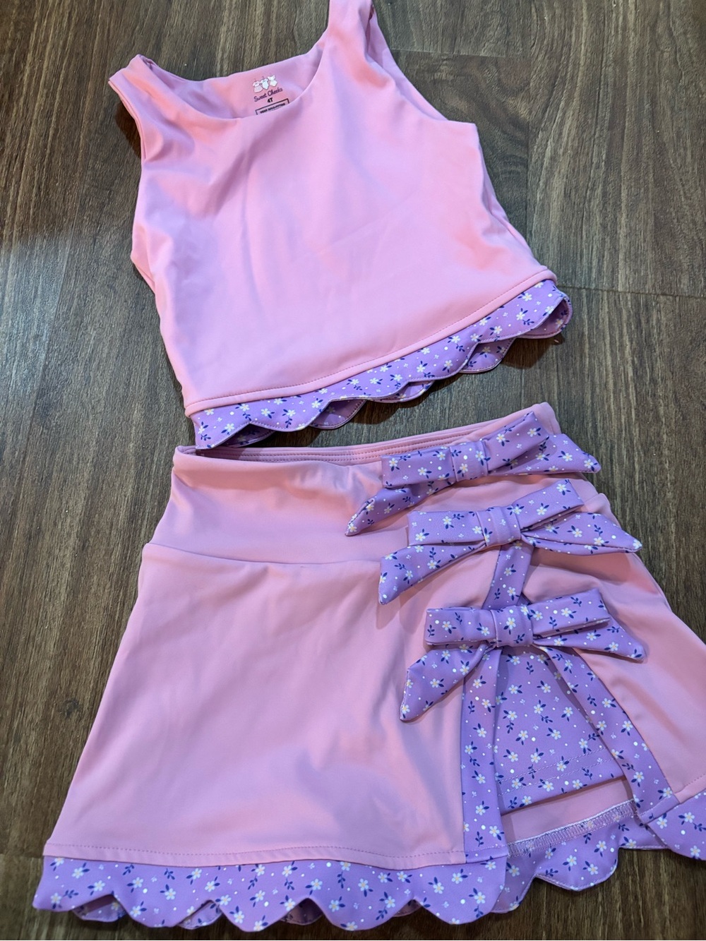 Girls Pink Two-Piece Athletic Set with Purple Floral Trim & Attached Shorts